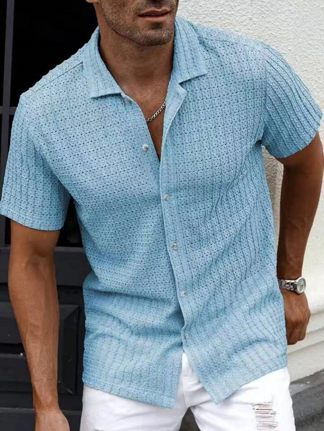 

European and American Men's Breathable Hollow Shirt Summer Men's Casual Knitted Shirt, Short Sleeved Shirt Short Sleeved Top