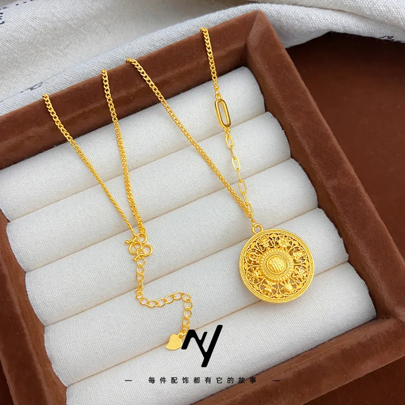 Women's New Chinese Style 9999 24K Real Gold Auspicious Eight Treasures Compass Filigree Round Clavicle Chain