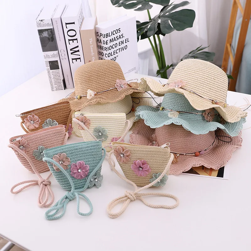 little girls summer straw sun hats and straw shoulder bags