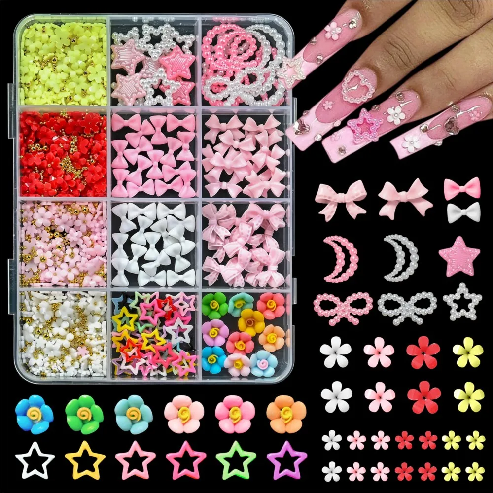 

12grids White Pink Bow Star Moon Nail Charms Kawaii Acrylic Flower with Gold Beads Nail Jewelry Colorful Star Floral Nail Decora