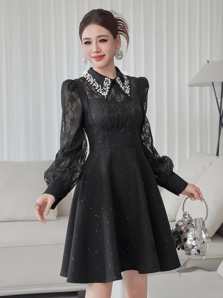 Exquisites süßes Geburtstagsparty-Kleid für Frauen, elegant, niedlich, helle Strasssteine, Diamanten, transparente Spitze, Ballkleid, Bankett, Vestidos