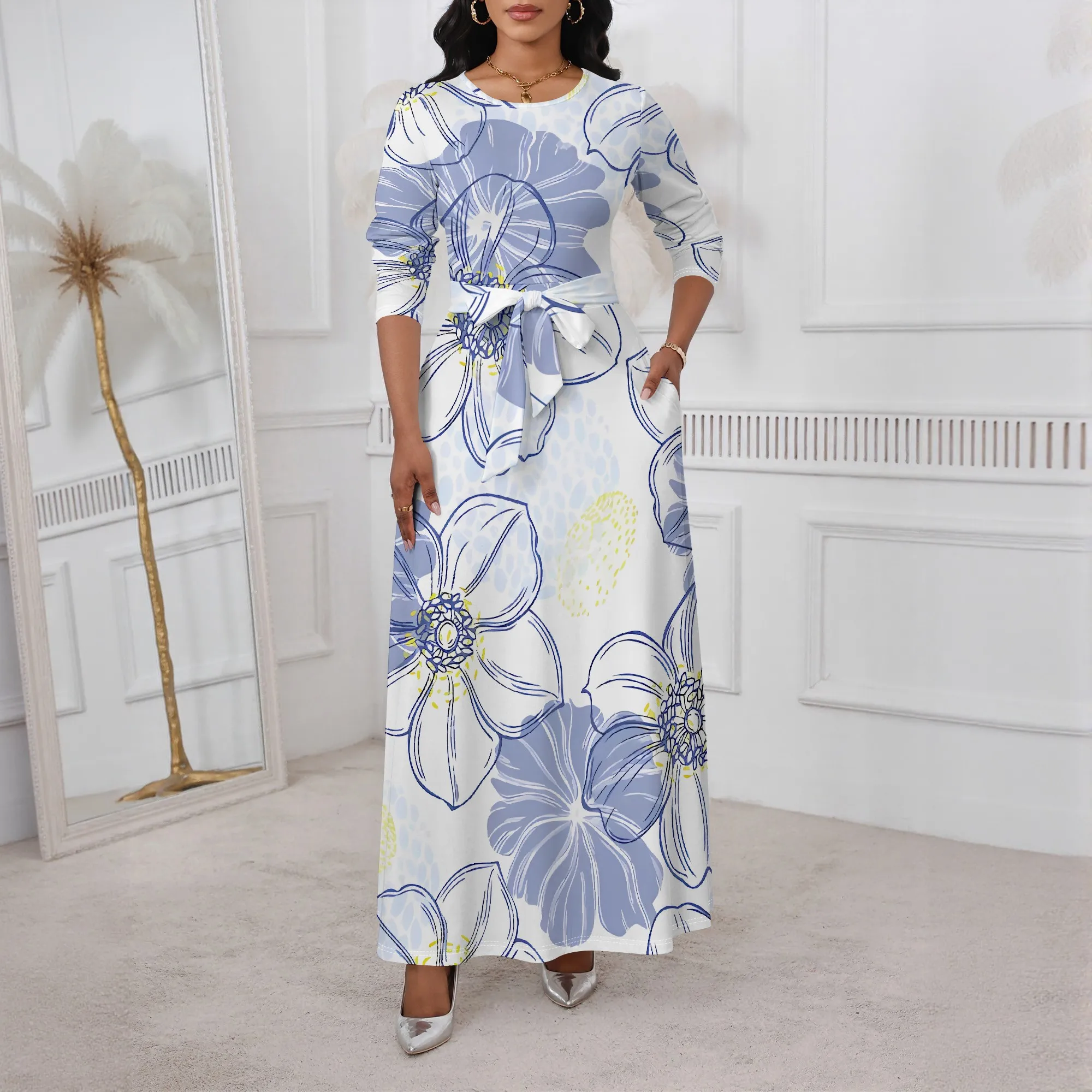 

Nupusa Standard Size Maxi Dress Blue Floral Print Long Sleeve Belted Pocketed Dress