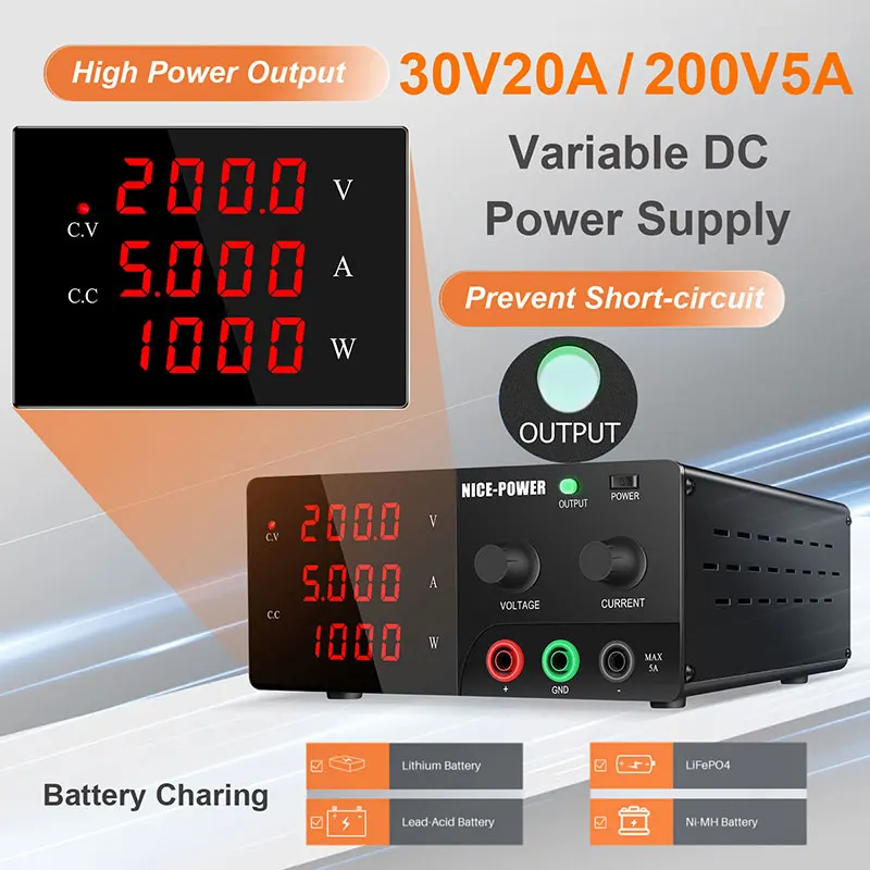 

Output Switch 200V 5A Variable DC Power Supply High Power Bench Top Power Stations Runs Quiet Stable Constant Voltage Supply