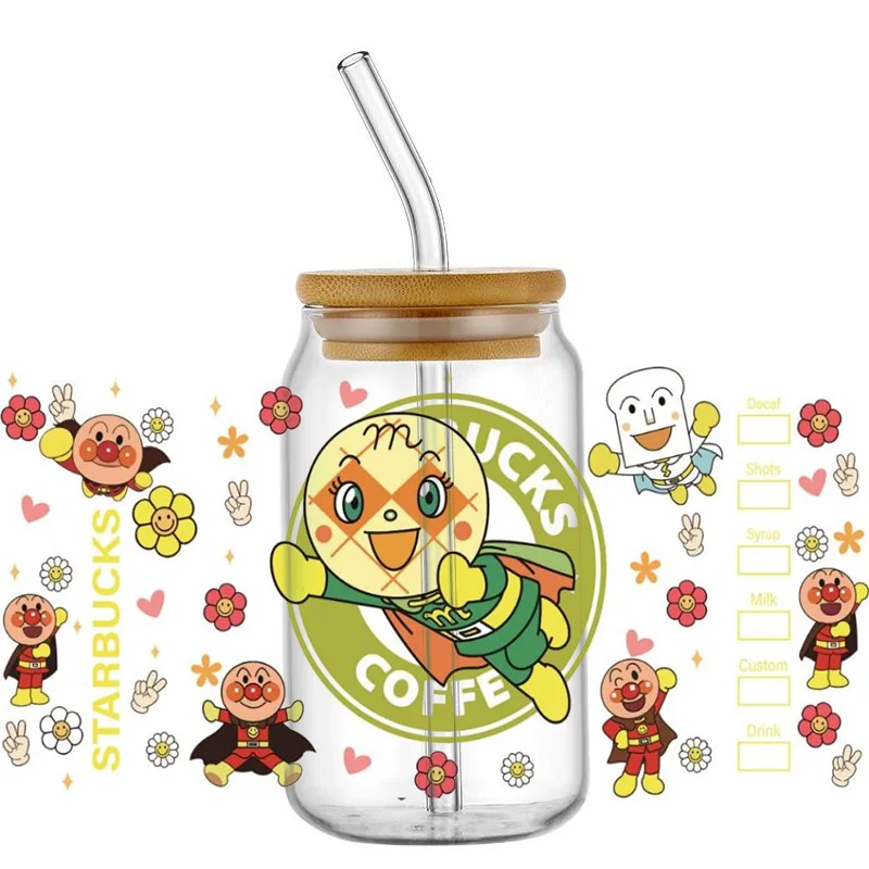 Miniso Cartoon Anpanman Inc Wrap Stickers Waterproof UV DTF Cup Mug Wraps Sticker DIY 3D Wrap Decal For 16oz Libbey Glass