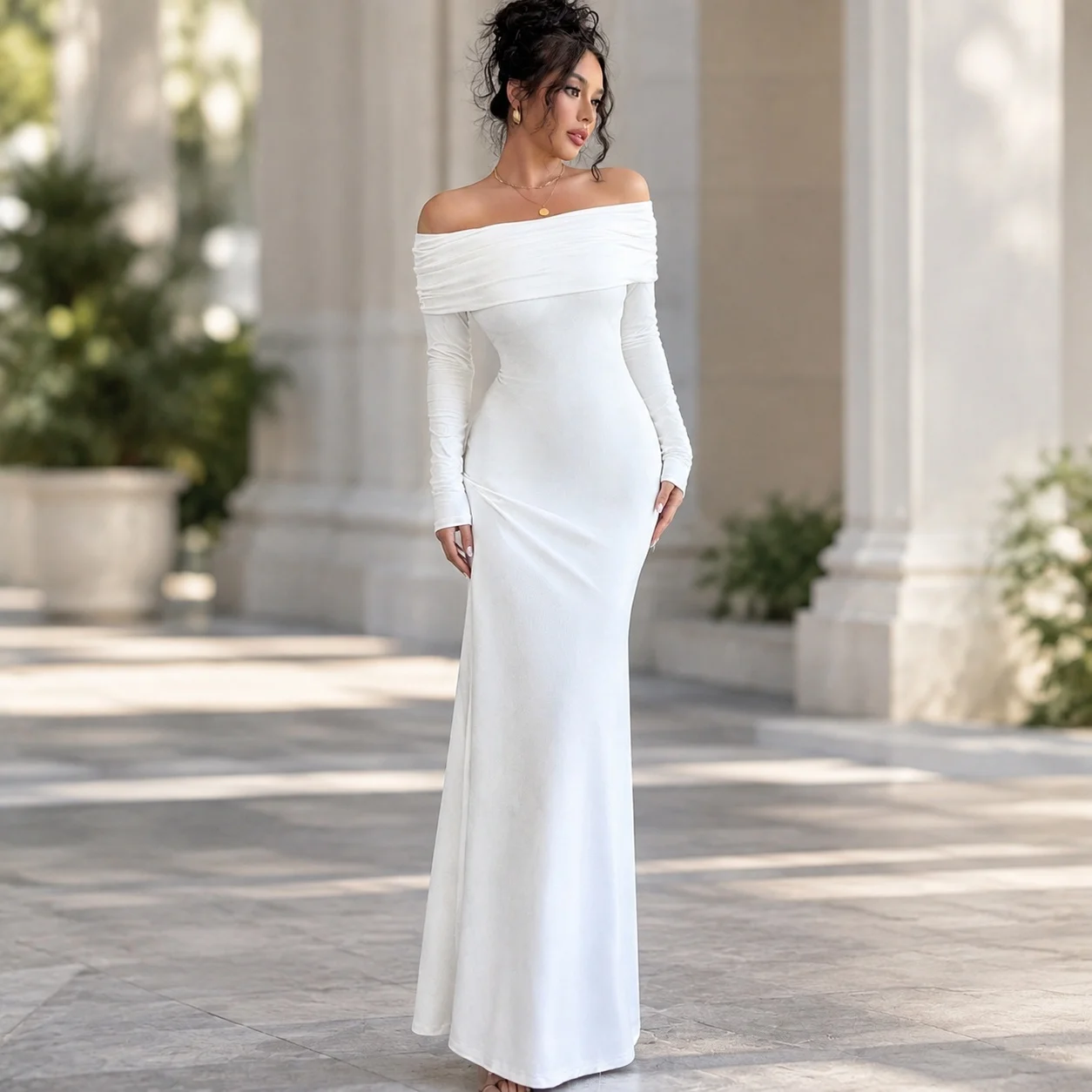 Pullover Mid Waist Gown Slim Fit Luxury Style with Sheath Square Neckline Travel Fitted Waist Wrap Dress Women Casual Dresses