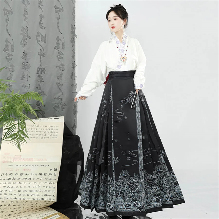 Colete saia hanfu estilo moderno terno feminino mamianqun chinês roupas vintage rosto de cavalo saia uso diário