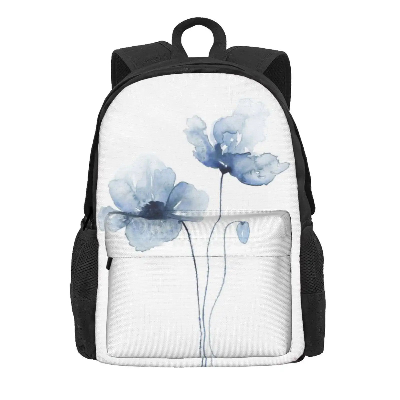 Blue Watercolor Poppies Hot Sale Schoolbag Backpack Fashion Bags Watercolor Fine Art Flowers Florals Indigo Blue Poppy Poppies