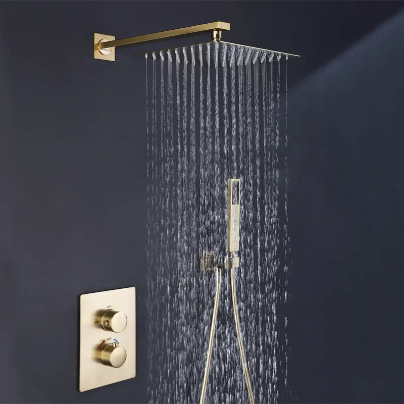 Bathroom Shower Faucet Set Brushed Gold Concealed Rainfall Shower Faucet Ceiling Thermostatic Mixer 10