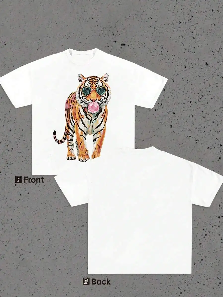 2026 New Traditional Oriental Chinese Ink Wash Roaring Tiger Graphic Crew Neck T Shirt For Women Watercolor Calligraphy Print Casual Summer Street Top