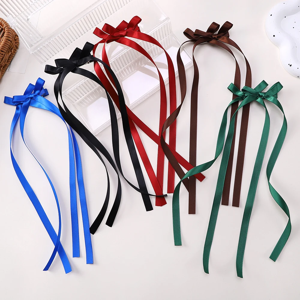 2pcs/lot Y2k long silk strip hair clip solid color double bow sweet hairgripes elegant tassel ponytail tie barrette