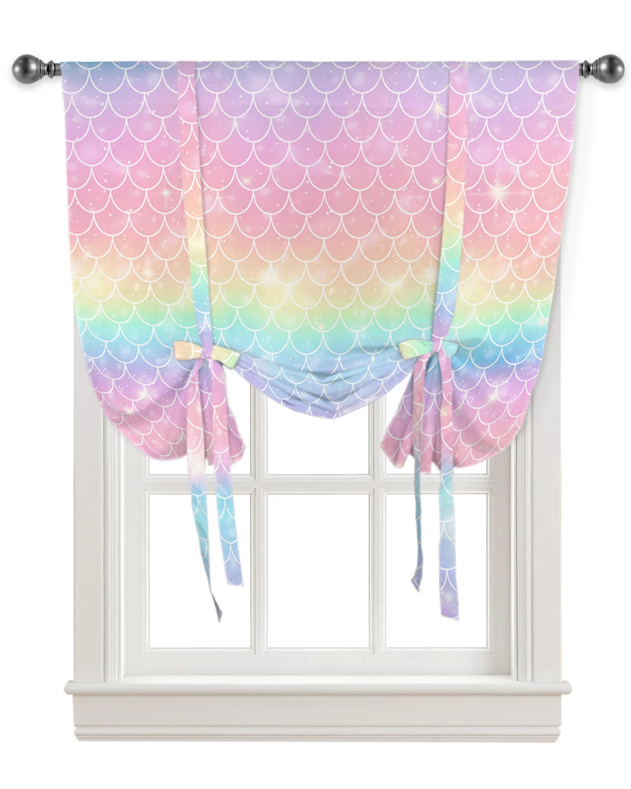 Mermaid Scales Ocean Rainbow Window Curtain for Living Room Roman Curtains for Kitchen Cafe Tie Up Short Drapes