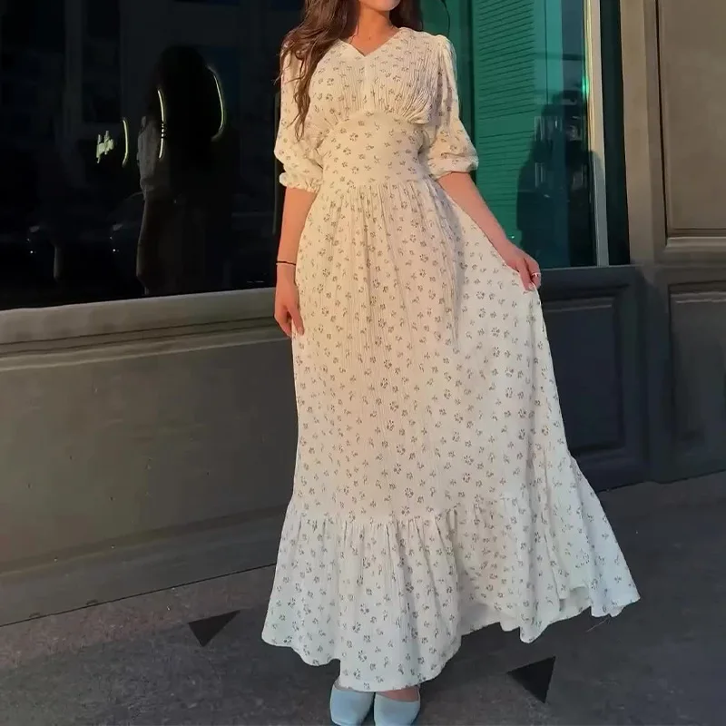2024 Dames Hoge Taille Slim Fit V-Ne Lantern Sve Dr Bloemenprint A-lijn Rok Lange Sve Maxi Dr Pendelen Sle