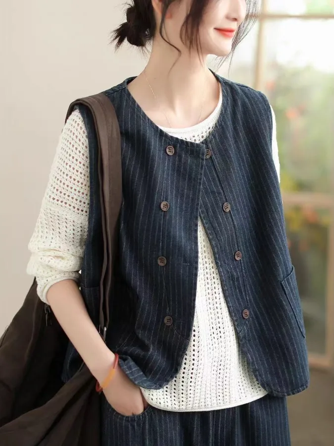 

Retro Striped Denim Vest Women's Spring Autumn Loose Slimming Versatile Faion Double Button round Ne oulder Jaet