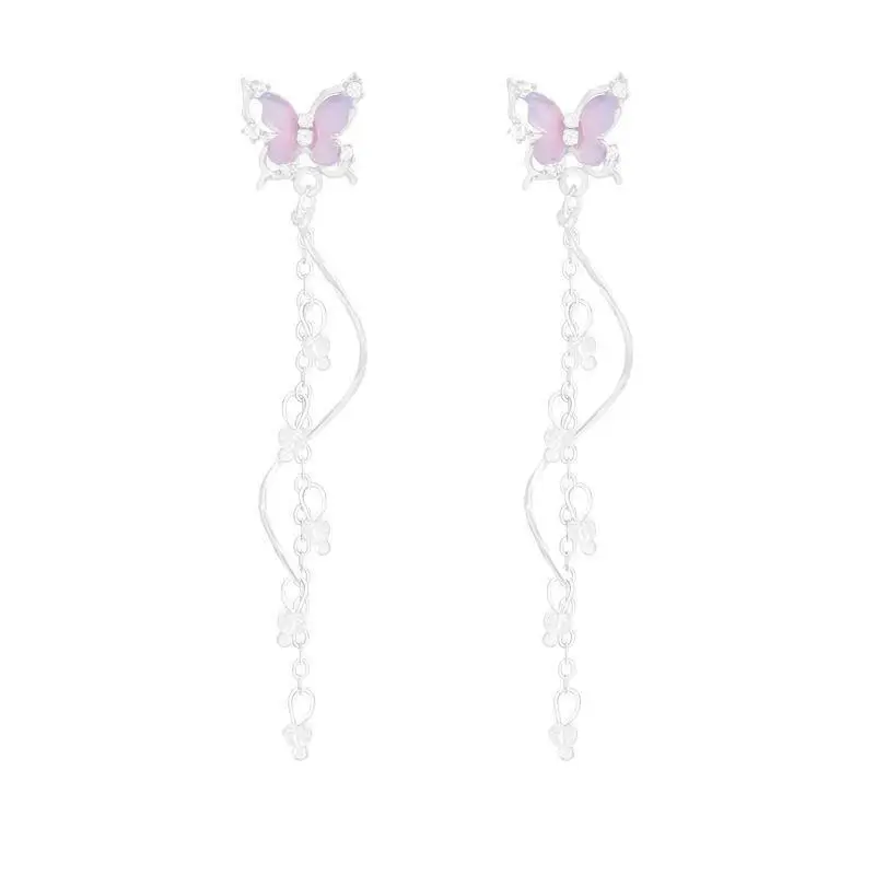 Fashion Exquisite Butterfly Long Tassel Earrings Shiny Sweet Lightweight Jewelry for Daily Commute Wear