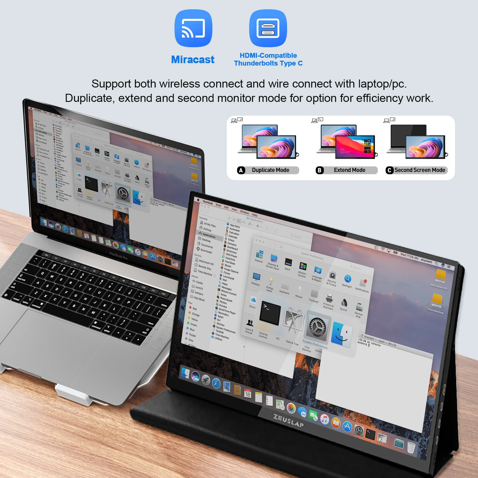 ZEUSLAP Monitor portatile Miracast wireless da 16 pollici Funzione touch Estendi lo schermo per il telefono portatile PS5 Xbox con batteria