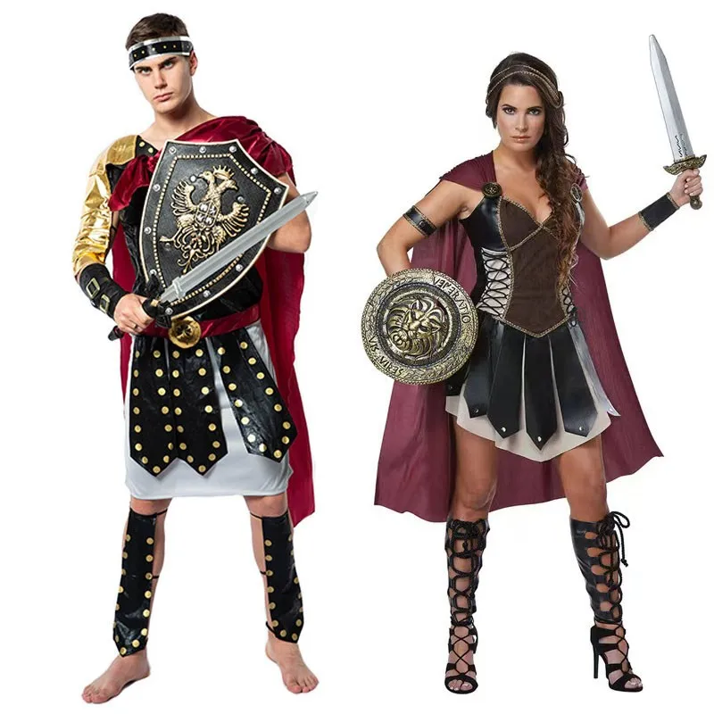 Disfraz de Soldado Romano para Hombre y Mujer, Traje de Hombre Valiente de Esparta, Disfraz para Actuaciones de Mascarada, Halloween, Ropa de Pareja, Disfraz Étnico para Escenario