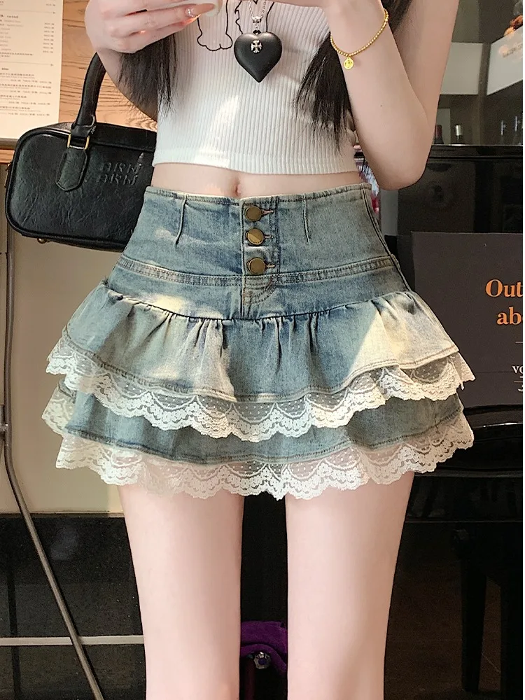 American Style Spicy Girl Elastic Denim Cake Pleated  Skirt Women Summer Pure Desire Design Slimming Shorts Skirt