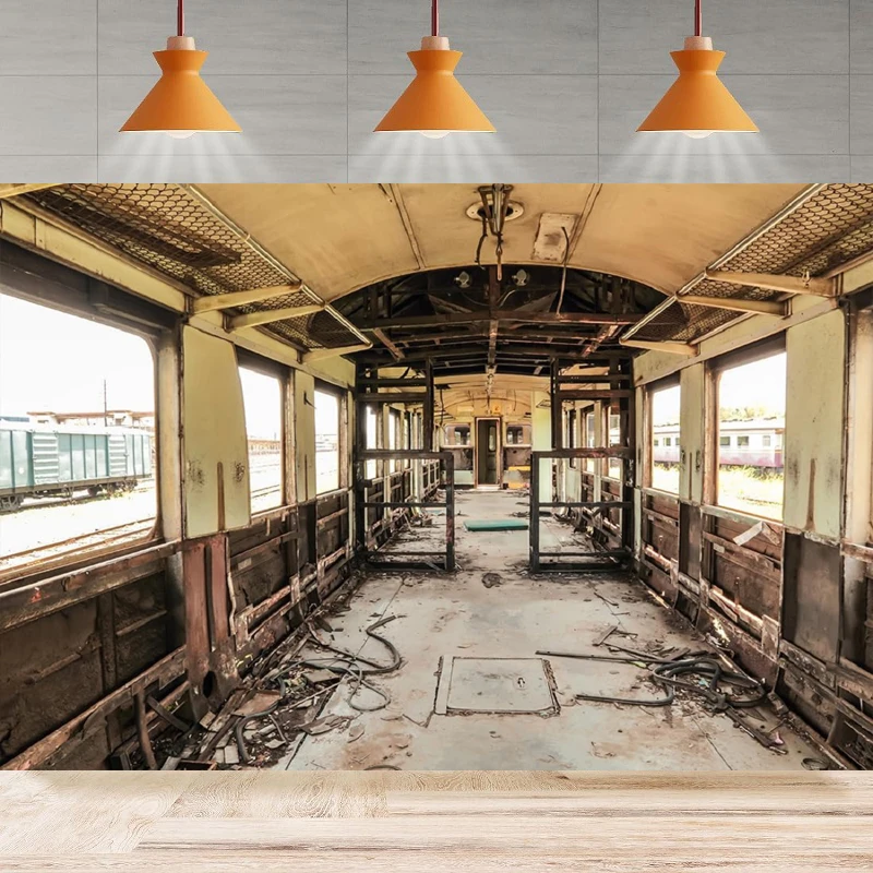 Old Abandoned Train Photography Backdrop Train Carriage Rusty Shabby Train Interior Scene Background For Train Theme Party Decor