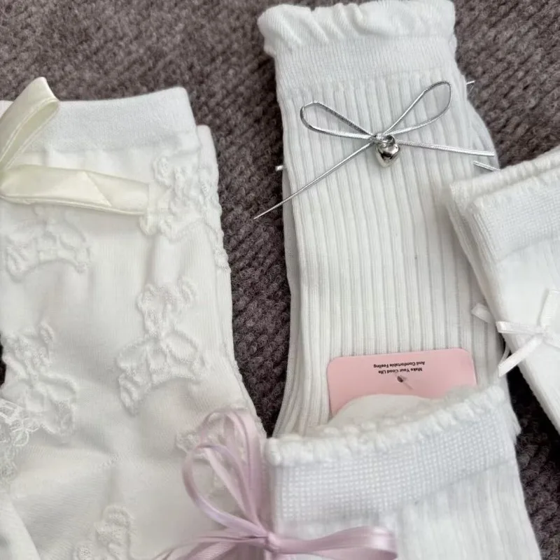 5 pares de bonitos calcetines de alto valor para primavera y otoño, calcetines versátiles con lazo de encaje, dulces, simples, cómodos, informales, de longitud media