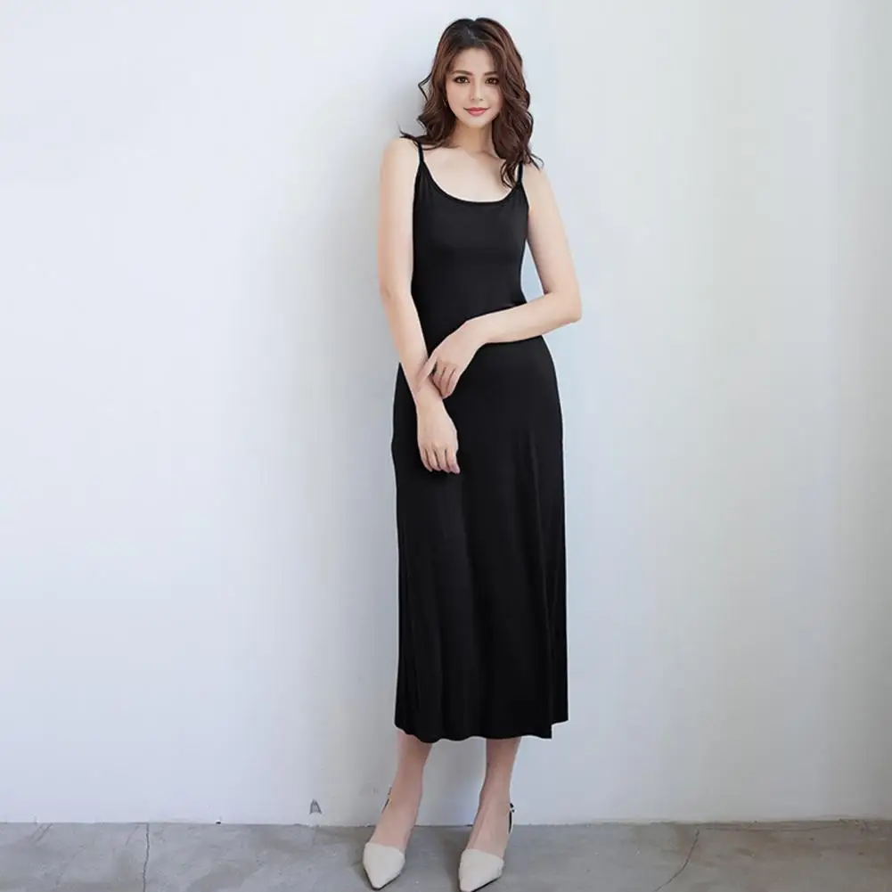 

Material Dress Elegant Suspender Midi Dress for Women Solid Color Round Neck Backless Long Dress Stretchy Home Wear Outfit Loose