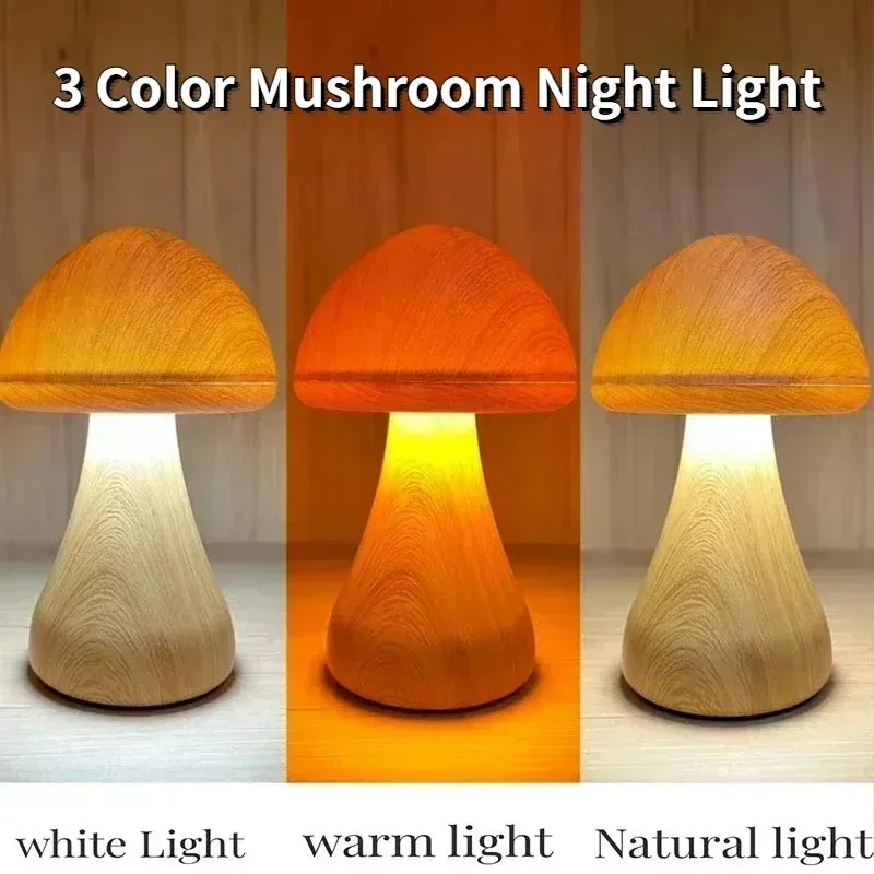 Smart Touch Control LED Wooden Cute Mushroom Night Lights Portable Dimmable Bedside Lamp with USB Charging Lamps for Home Decor