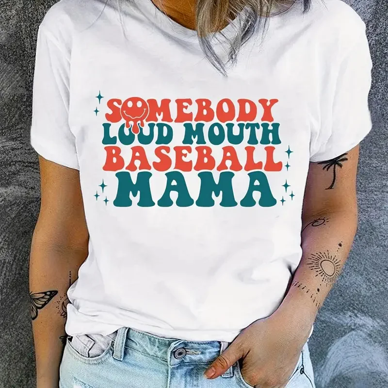 Somebody Baseball Print Women T-Shirt - Mother's Day Short Sleeve Casual Top for Spring and Summer