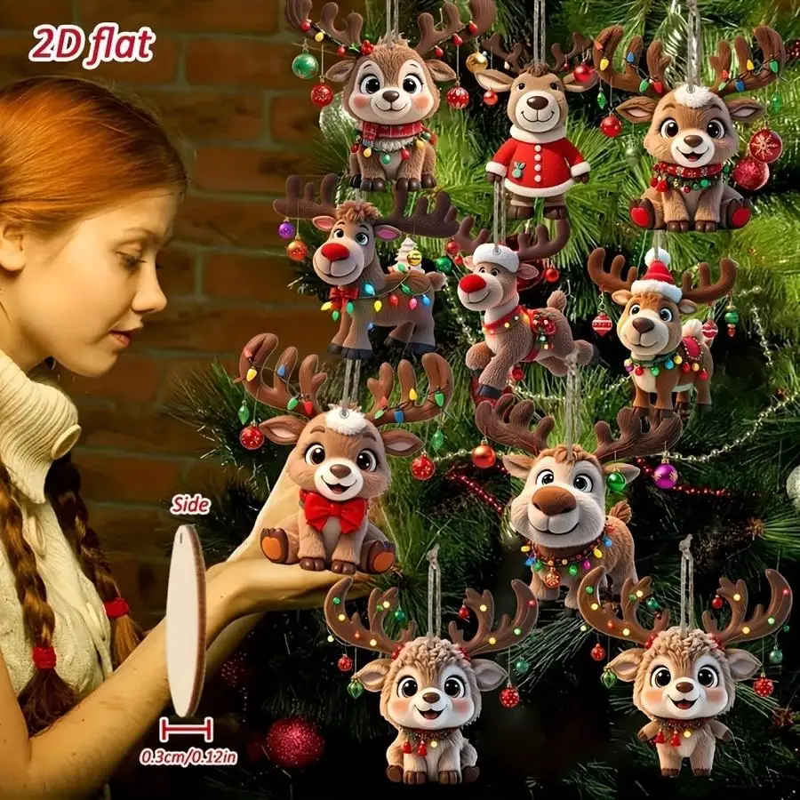 1/5/10/20/50/100pcs 2D Flat - 10-piece set of wooden moose Christmas ornaments, Christmas ornament set, 2D Flat wooden ornaments