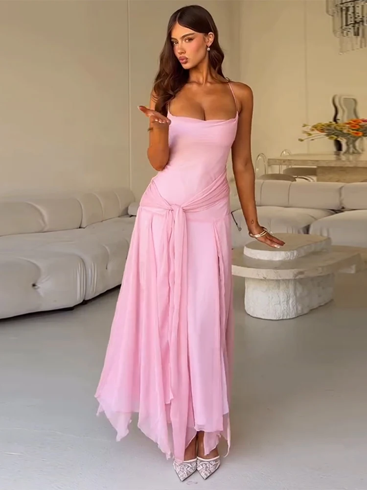 Asymmetrisches Langes Schnürkleid für Damen Sexy Spaghetti-Träger Ärmellos Rückenfrei Hoher Schlitz Schlankes Party-Abendkleid Neues Vestido – Detail 1