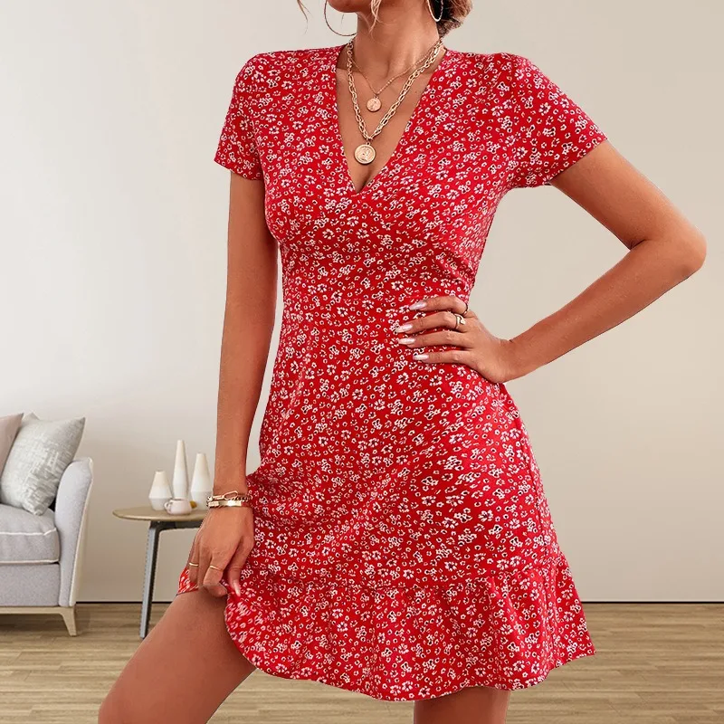 Amazon Cross border European and American Women's Wear 2024 Summer New Fashion V-neck Loose Leisure Holiday Print Dress for Wome