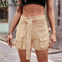 2023 Summer New Mid-waist Lace-up Denim Overalls Female Fashion Casual Streetwear Loose Splicing Pocket Women Solid Color Shorts