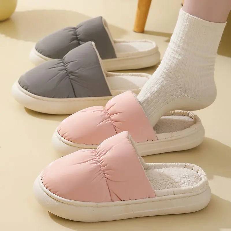 Winter Warm Soft Plush Cotton Slippers for Women Men Indoor Home Waterproof Thick Sole Anti-Slip Fuzzy House Shoes