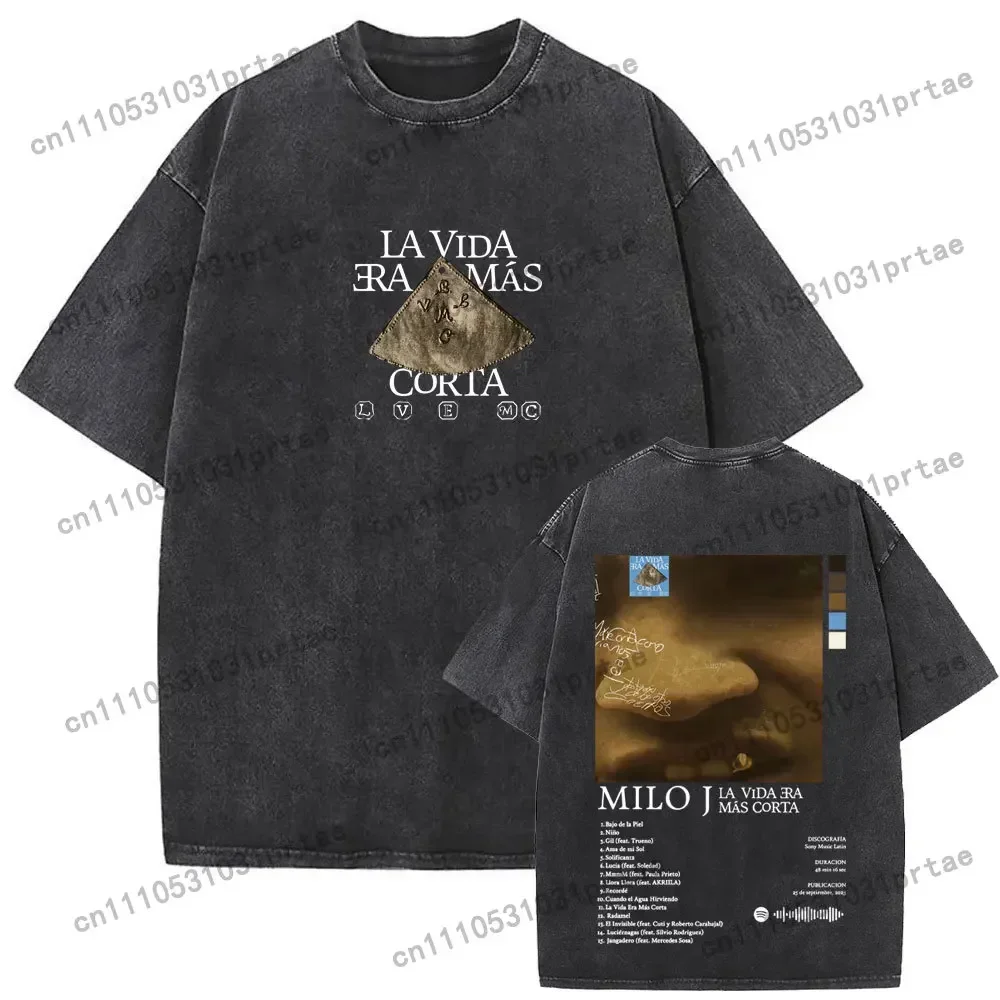 Washed Vintage Rapper Milo J La Vida Era Mas Corta Merch T-shirt Men Women Hip Hop Fashion Pop Music Short Sleeve Tops T Shirts