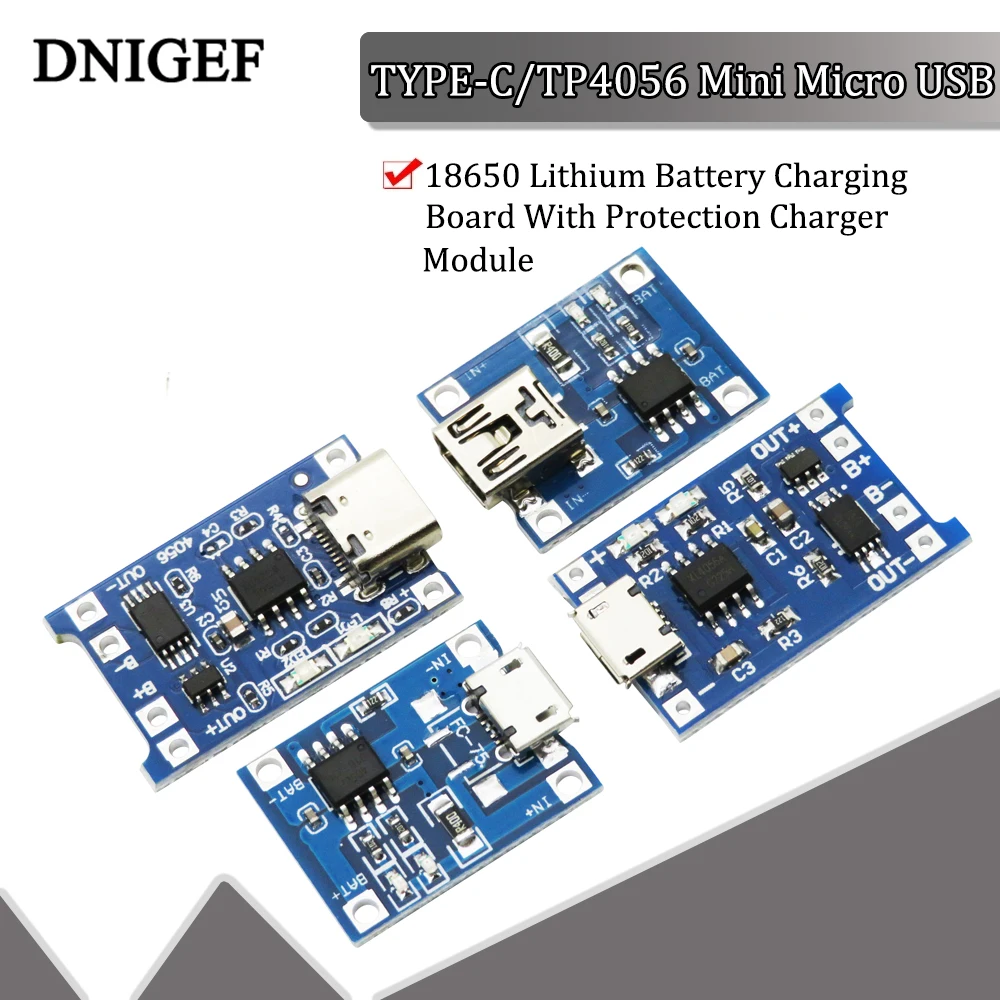 TYPE-C / Micro USB 5V 1A 18650 TP4056 Lithium Battery Charger Module Charging Board With Protection Dual Functions 1A Li-ion