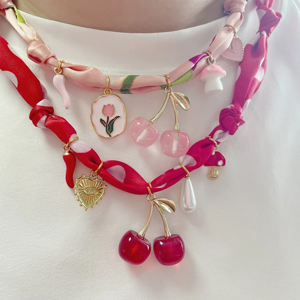 Pink & Red Cherry Tie Ribbon Bandana Necklace Adjustable Choker with Gold Heart, floral, pepper Charms