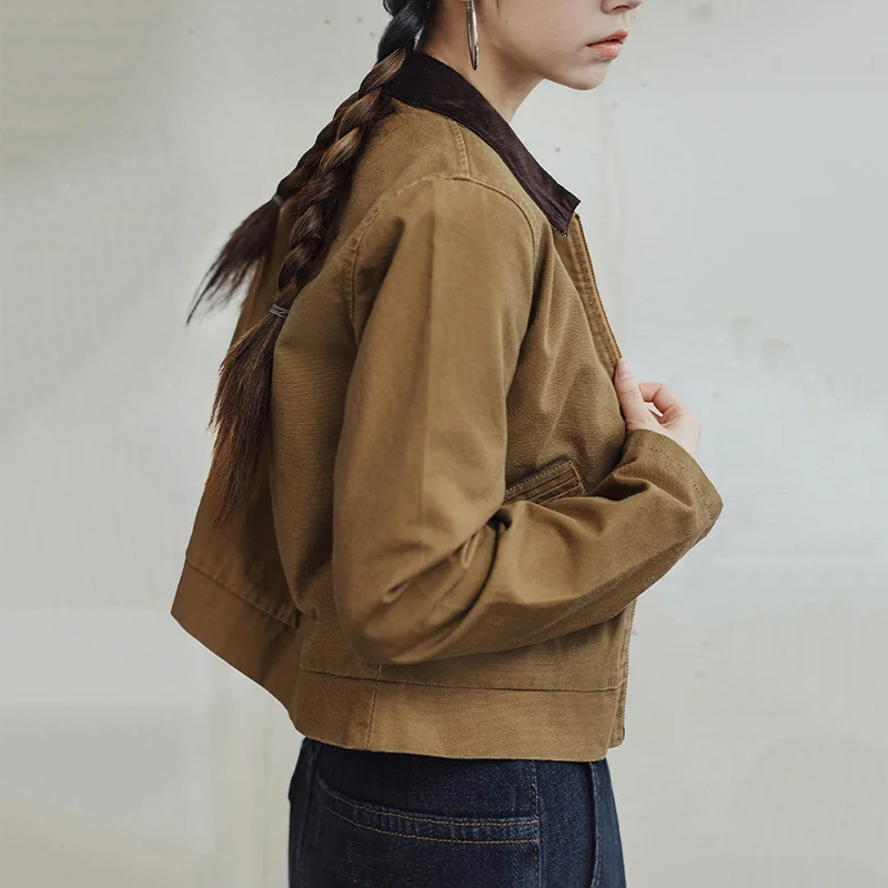 Maden Khaki Detroit-Jacken für Damen, Vintage-Arbeitskleidungsjacke mit Umlegekragen, Frühlings- und Herbst-Canvas-Mantel, schmale Passform