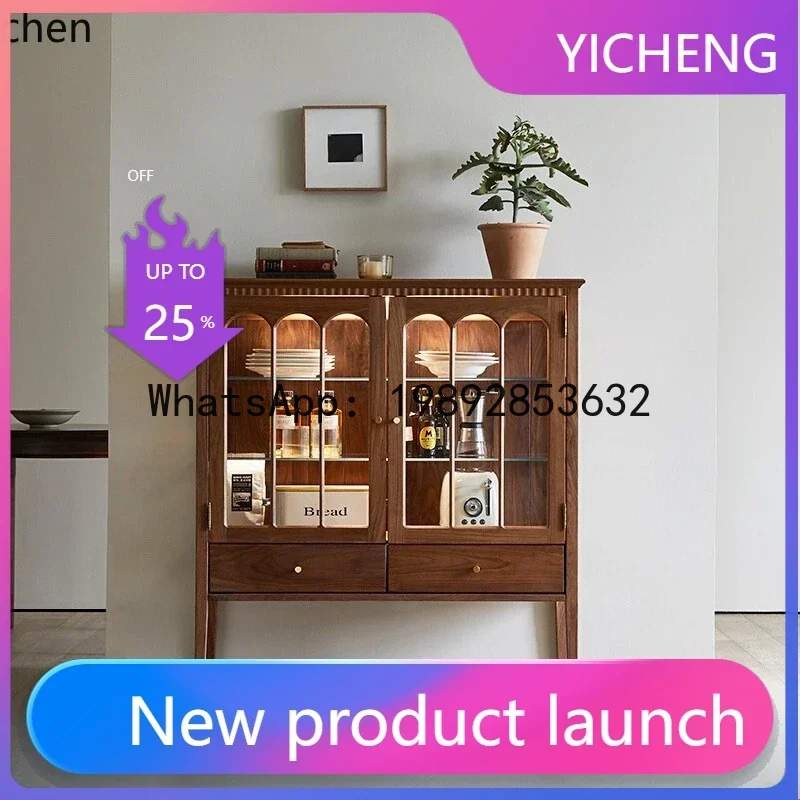 

4all-solid wood glass wine cabinet retro display cabinet guest restaurant with lamp figure side ceramic storage