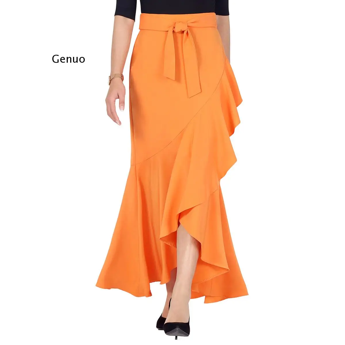 

Long Skirts Women Elegant 2022 Spring High Waist Wrap Maxi Skirt Asymmetrical Ruffle Mermaid Skirts Solid Skirt Bottom Femme