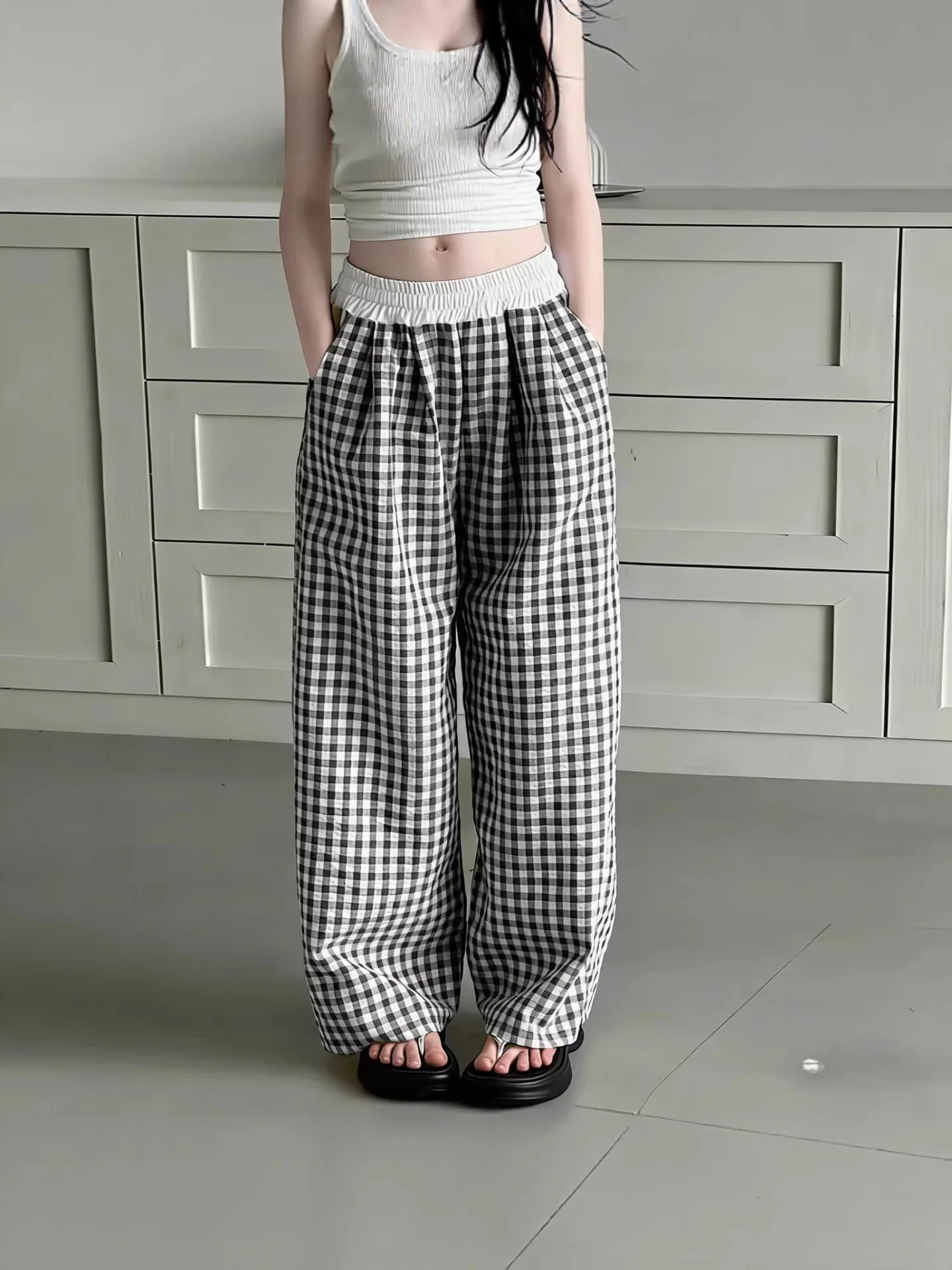 Summer Cotton Checkered Children Pants Color Blocking Versatile Girls Trousers Casual Sports Girls' Clothing for 2-10Y