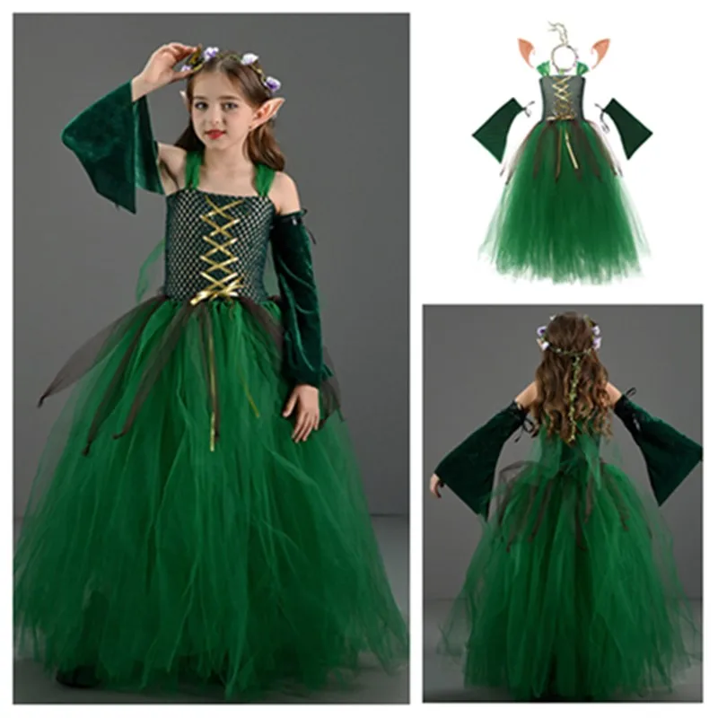 

Костюм принцессы для косплея лесного эльфа с героями мультфильмов, детское платье-пачка для девочек, фантазия, повязка на голову с ушками эльфа, карнавальный костюм на Хэллоуин