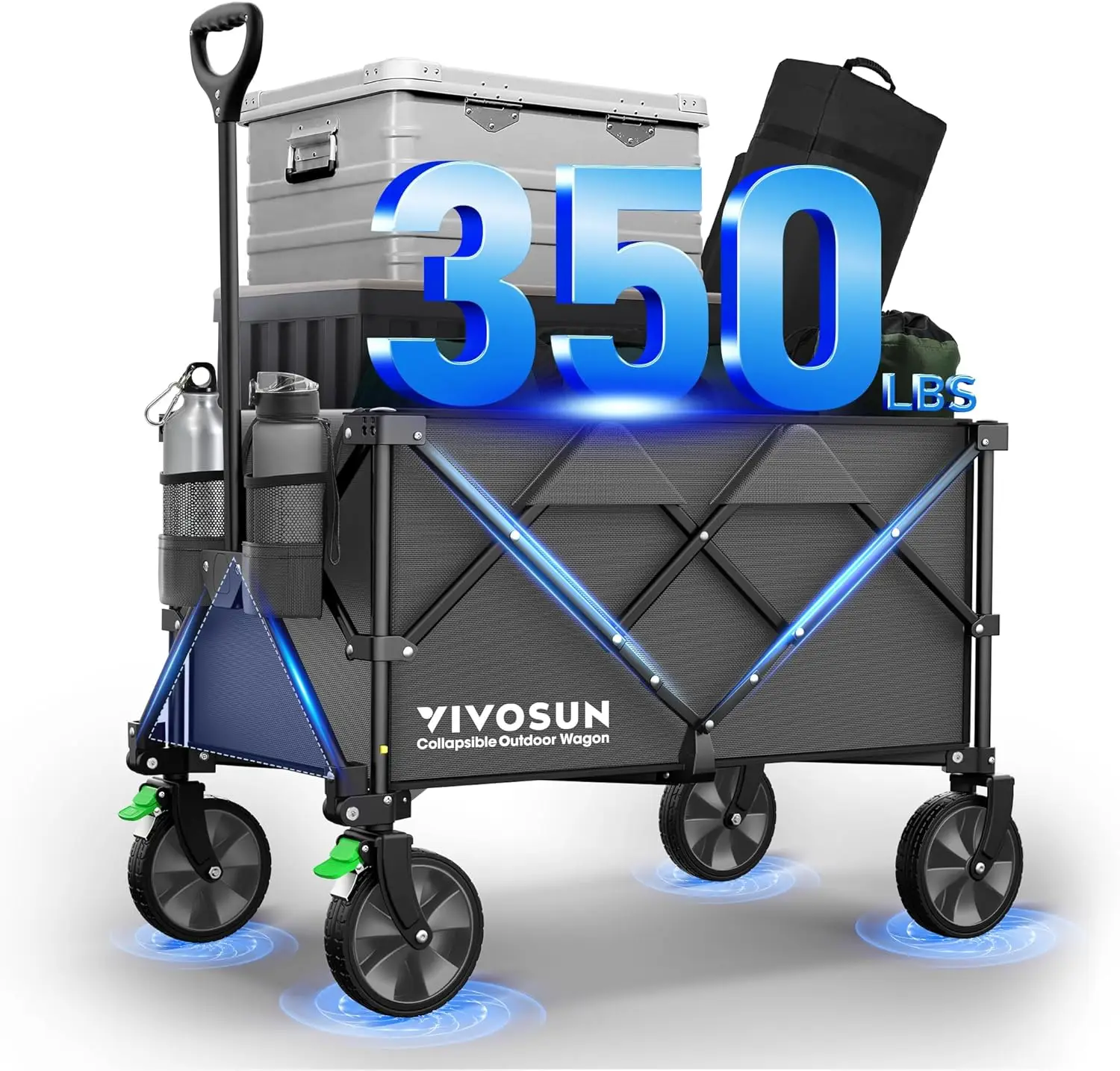 

Складной складной тележка, 350 фунтов, подшипниковая уличная тележка с бесшумными универсальными колесами, подстаканниками и боковыми карманами, регулировка