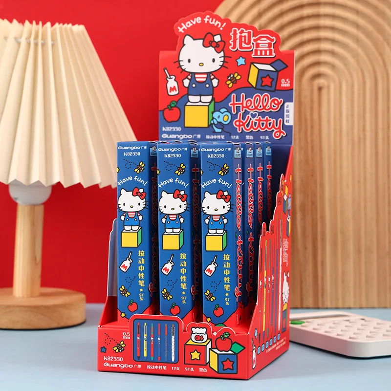 

12pcs Anime Hello kitty Click Gel Pen Cute 0.5mm St Quick-Drying Black Signature Pen Student Stationery Gifts Wholesale