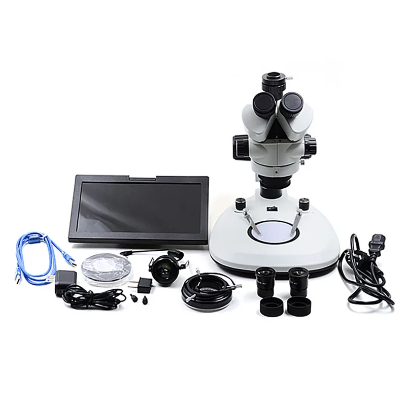 Trinocular Microscope with 7-45X Zoom Ratio, Dual Lights, High-Pixel Ca mera, and Monitor