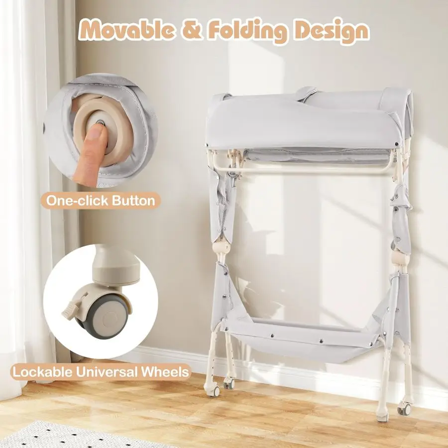 Baby Changing Table with Wheels, Portable Folding Diaper Station Nursery Organizer with Storage Basket, Hanging Rack, Adjustable