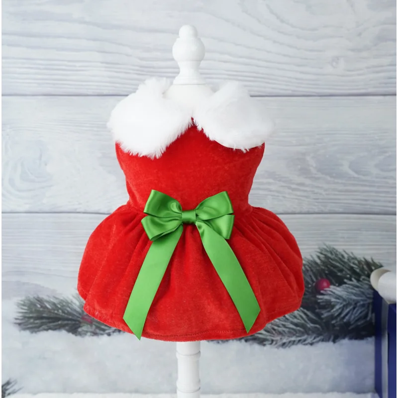 Abrigo de Navidad para perros, ropa para perros, vestido de Navidad, falda roja para mascotas, vestido cálido para gatos, falda con lazo,