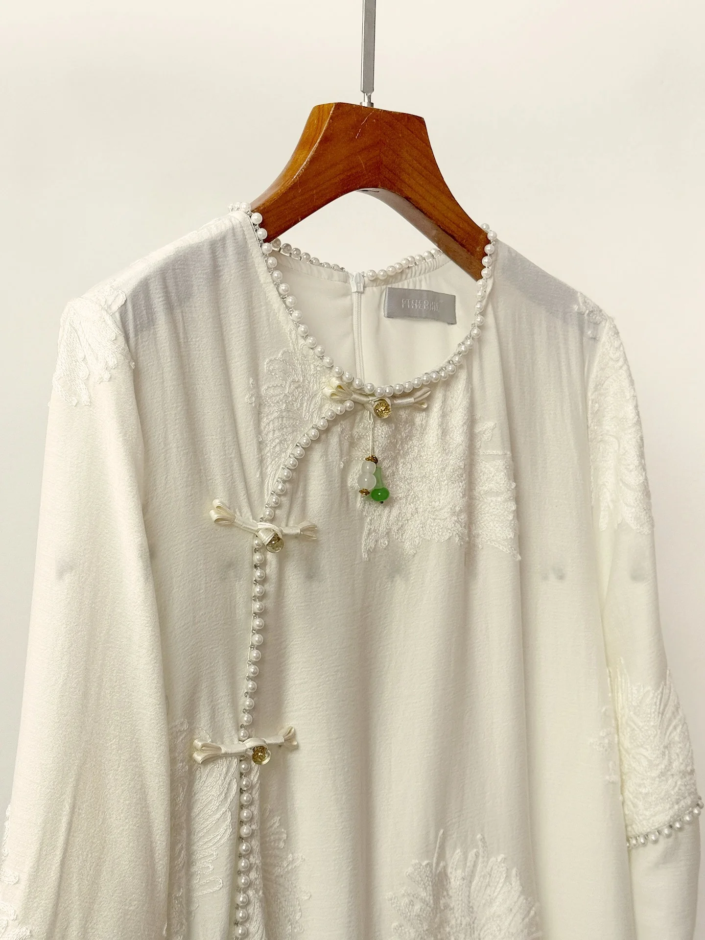 

PTHERINE White Moon Tooth Embroidered Flower Slimming Dr Versatile Comfortable Long Sve Zipper Ba Knee-Length Dr