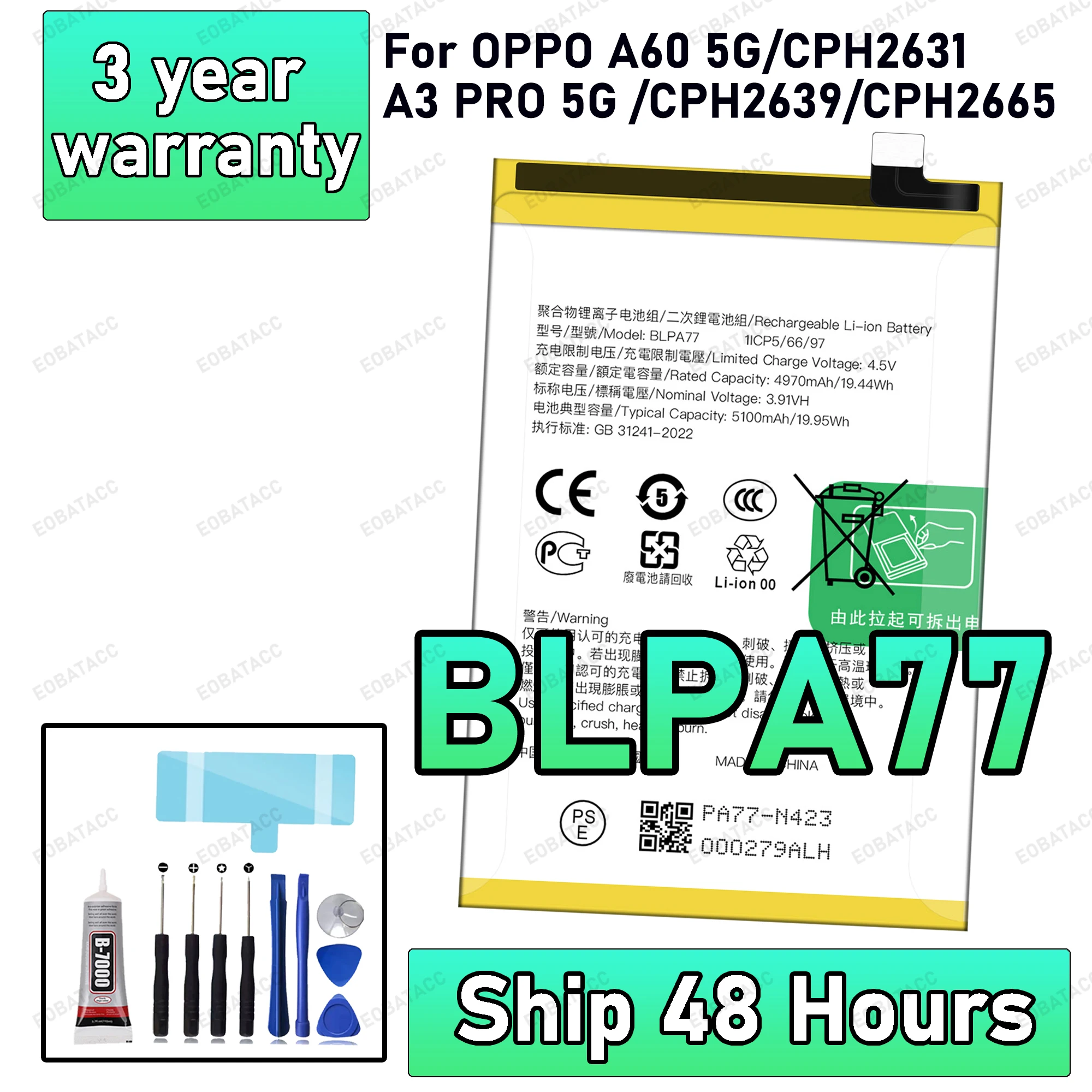 

100% New High Quanlity BLPA77 Battery For OPPO A60 5G/CPH2631/A3 PRO 5G/CPH2639/CPH2665 Replacement batteria+Free tools
