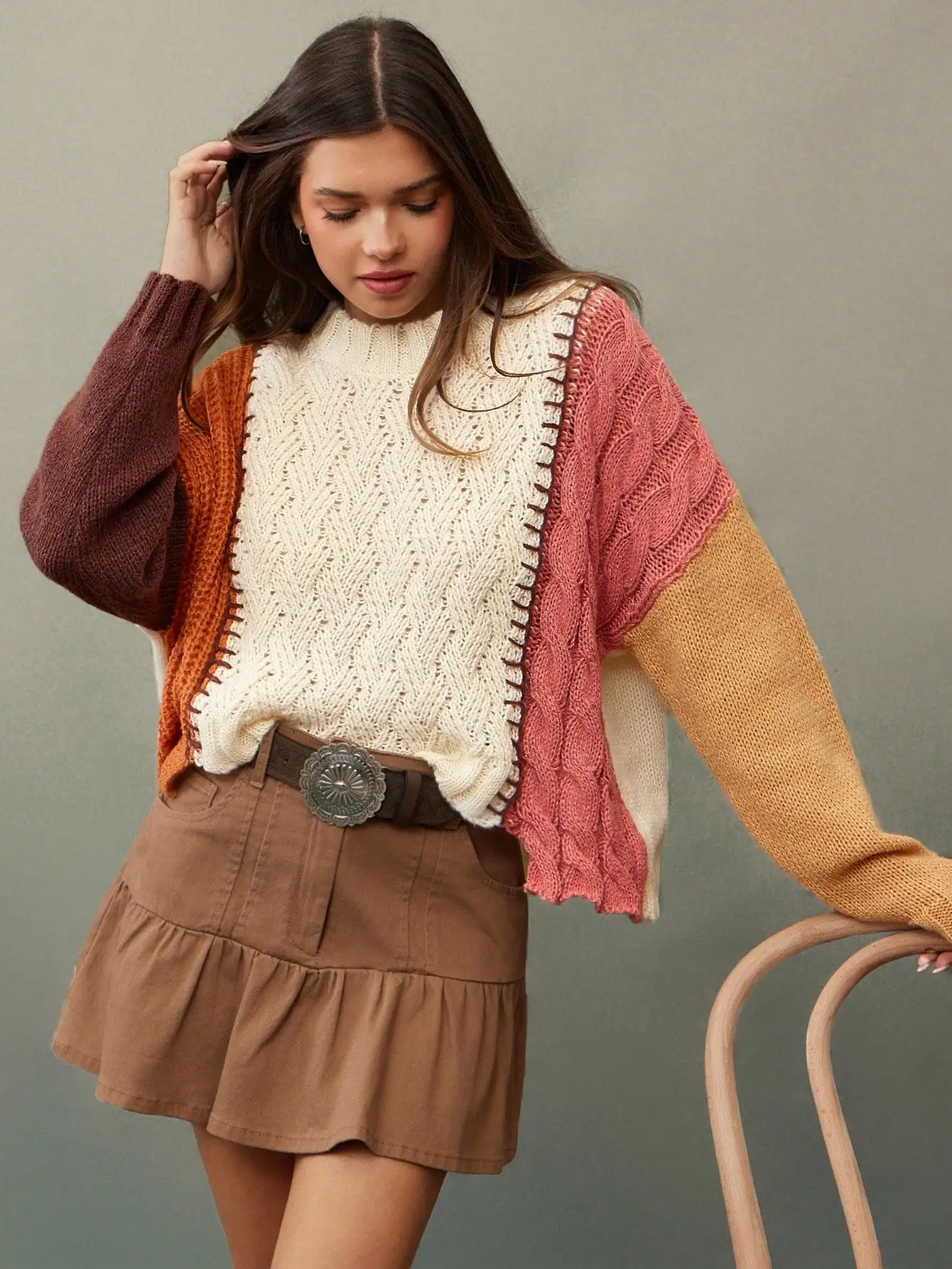 

Colorblock Knit Pullover Sweater with Cable & Chevron Patterns, Long Sleeve Crewneck for Fall Winter Boho Western Style