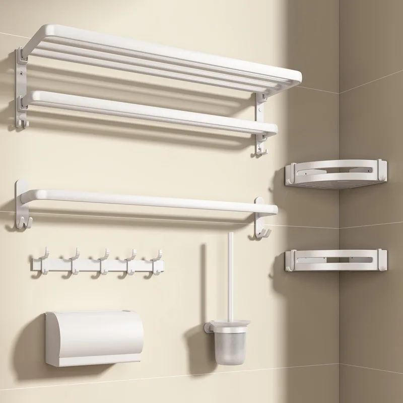 White Towel Rack Foldable Wall Mounted Aluminium Shelves Toilet Bathroom Hardware Pendant Set Bath Towel Holder Rod