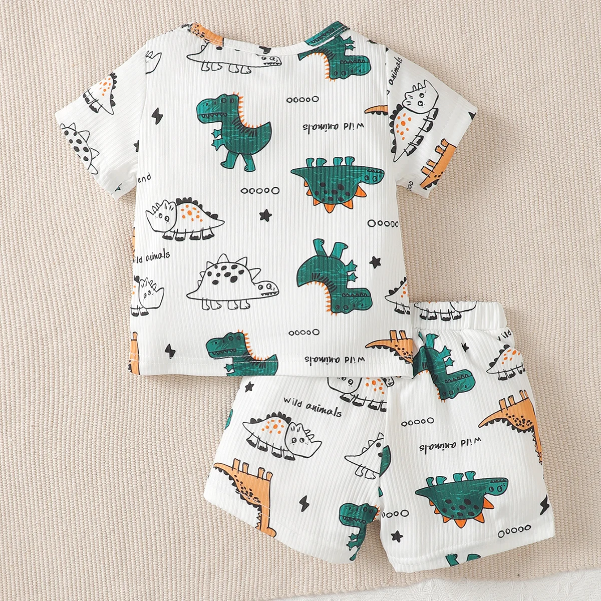 Boys and girls summer short-sleeved dinosaur letter pattern pit stripe material T-shirt and shorts set