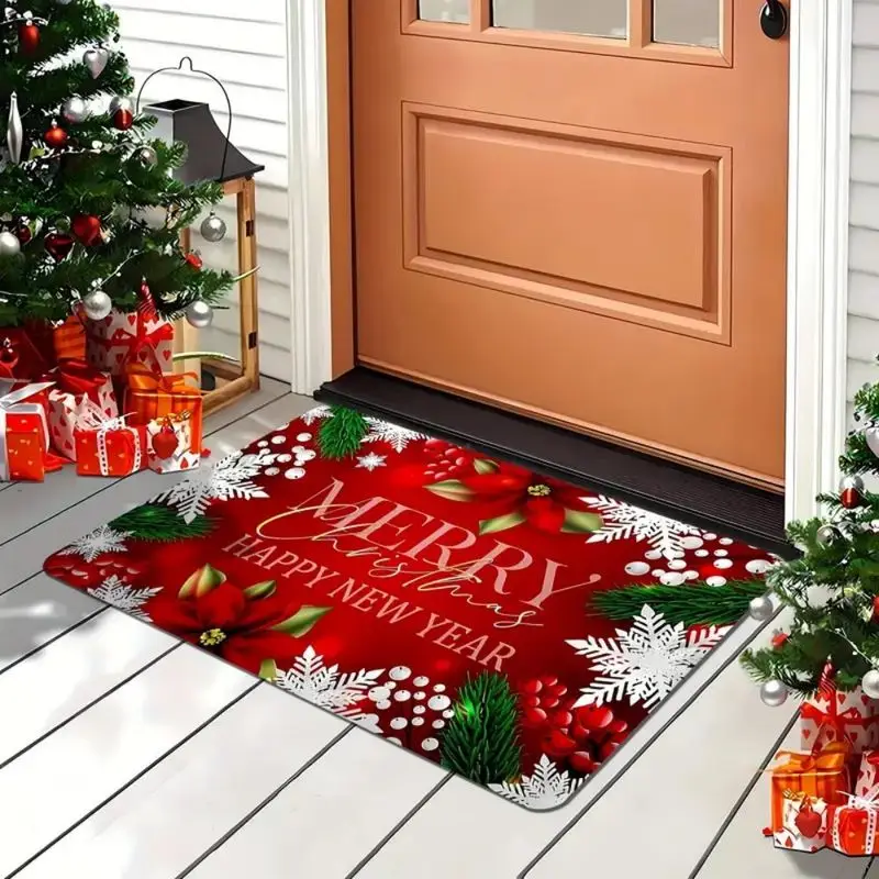 VIKAMA Christmas Flannel Door Mat Poinsettia Snowflake Pine Berry Print Non Slip Mat For Front Door Porch Entry Xmas Decor